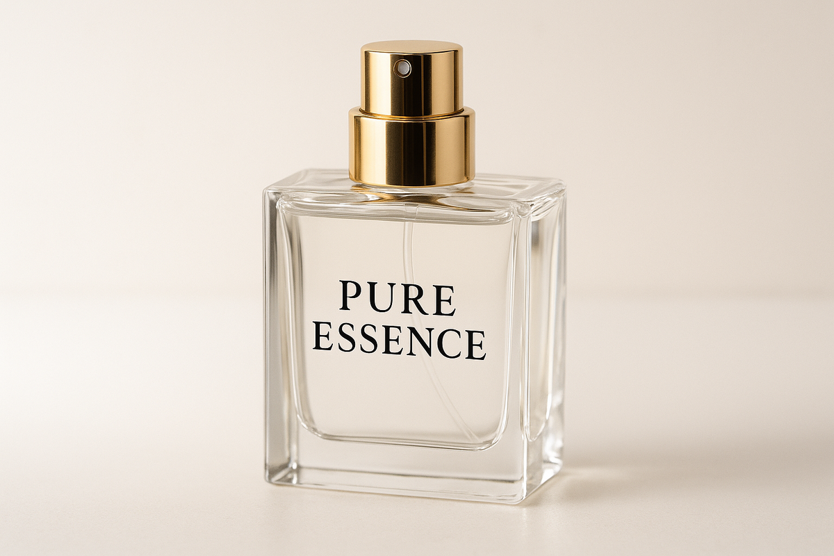 Generate a perfume Spray bottle of Pure Essence label on it and generate 10 different images 