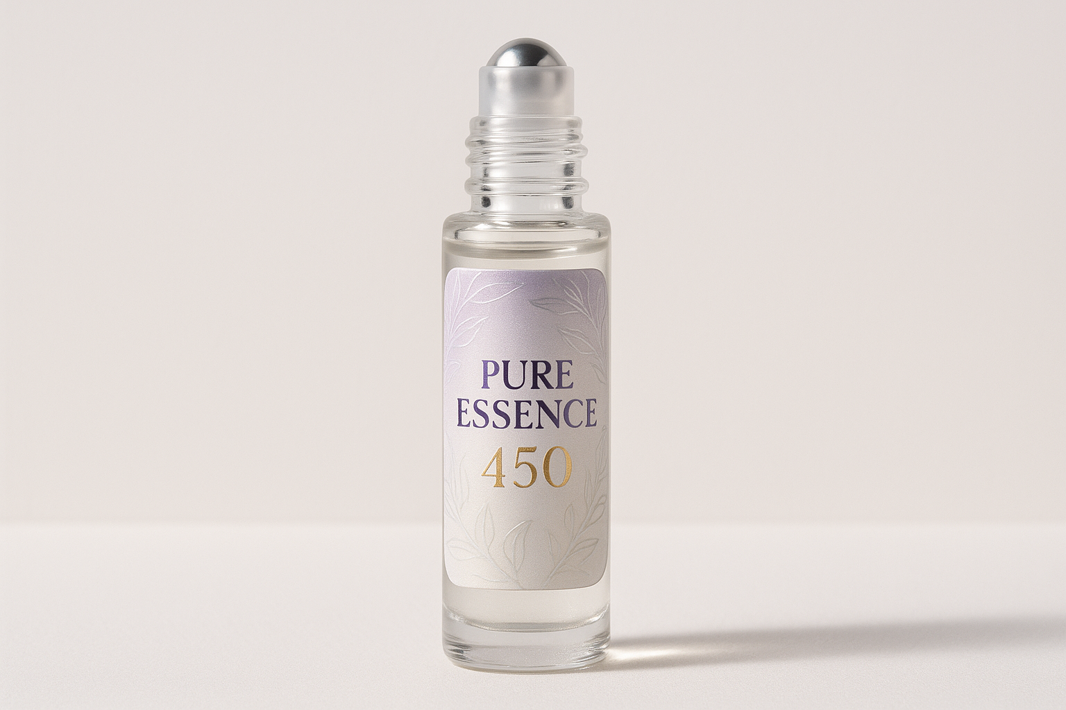 Generate image of simple roller perfume bottle image with pure Essence 450 label on it and be unique and creative in label design
