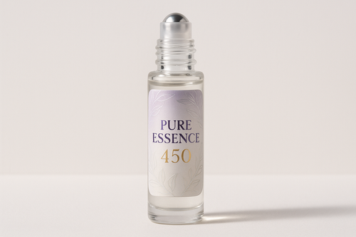 Generate image of simple roller perfume bottle image with pure Essence 450 label on it and be unique and creative in label design