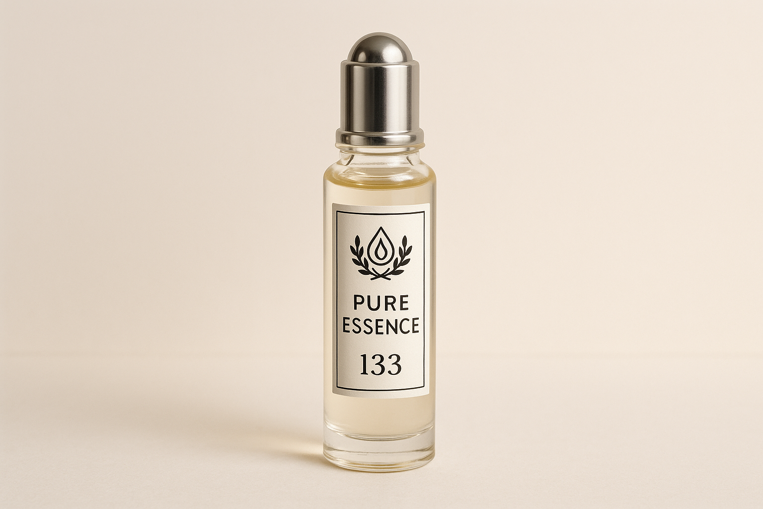 Generate roller perfume bottle image with label of pure essence 133. label image should go with logo