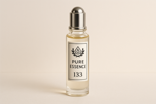 Generate roller perfume bottle image with label of pure essence 133. label image should go with logo