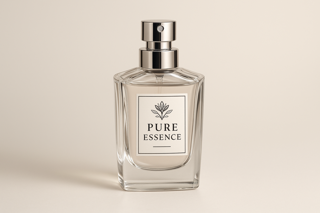 generate spray perfume bottle with pure essence label on it. Label should go with logo