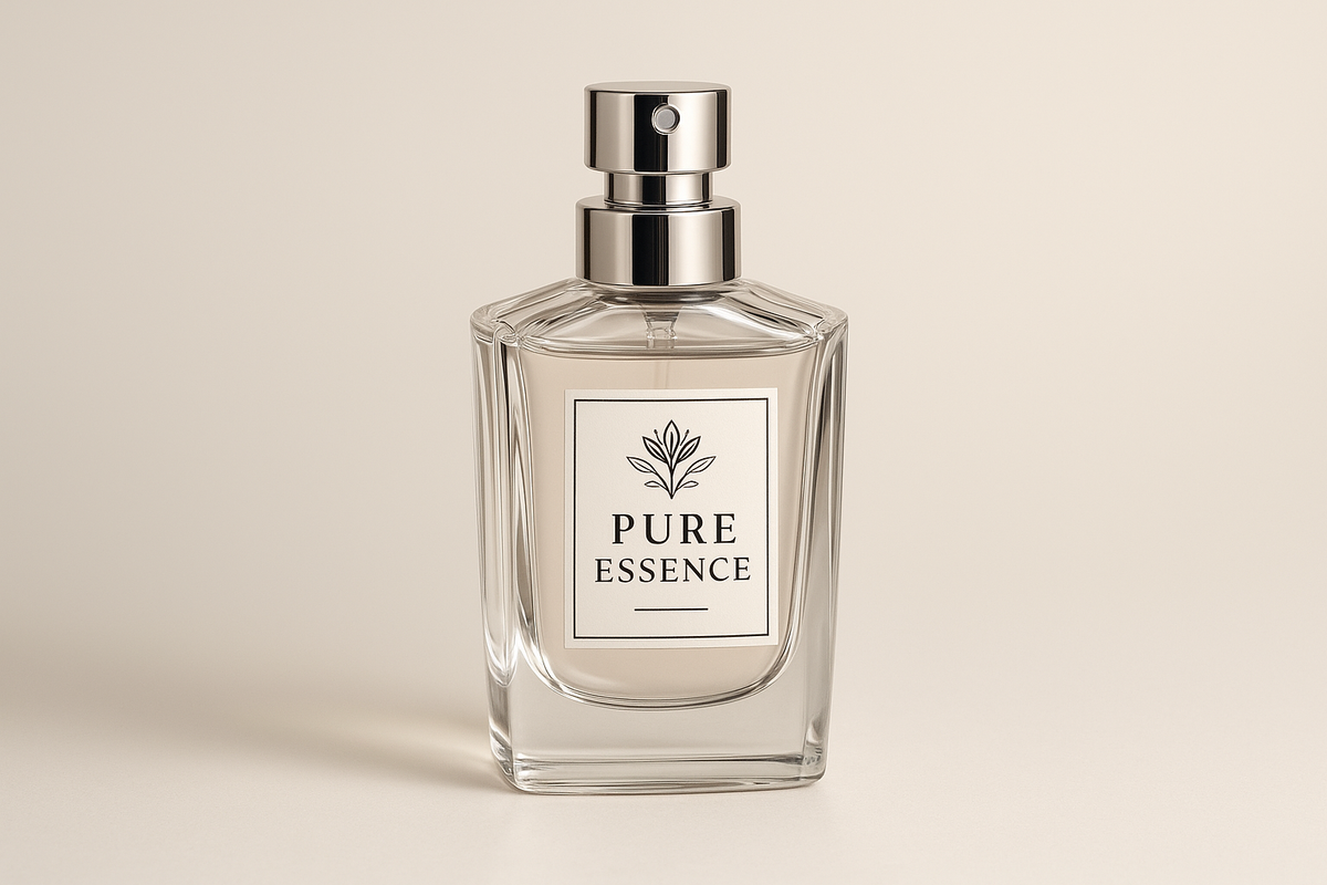 generate spray perfume bottle with pure essence label on it. Label should go with logo