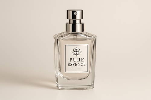 generate spray perfume bottle with pure essence label on it. Label should go with logo